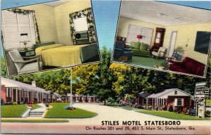 Postcard GA Statesboro Stiles Motel Statesboro Routes 301 & 25 LINEN 1955 J2