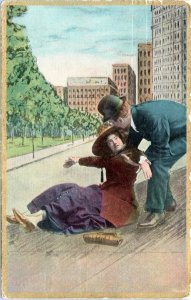 Postcard Anglo Series - Please Say Dam for Me - Man helping woman who fell