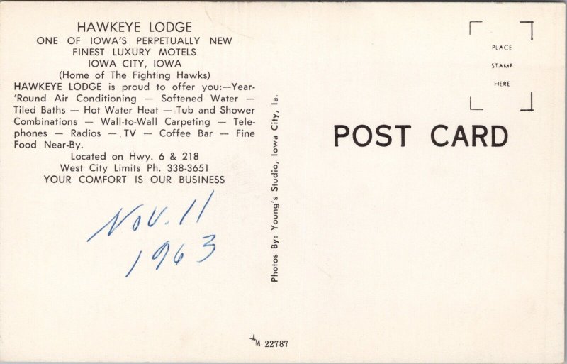 Hawkeye Lodge Iowa City Iowa Postcard PC413
