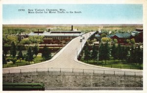 Vintage Postcard 1920's Main Outlet Motor Traffic New Viaduct Cheyenne Wyoming