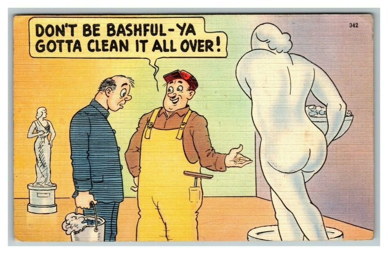 Vintage 1944 Risqué  Comic Postcard Janitor Jokes About Cleaning Naked Statue 