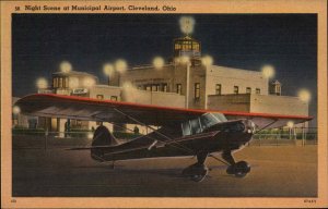 Cleveland Ohio OH Municipal Airport Airplane at Night Linen Vintage Postcard