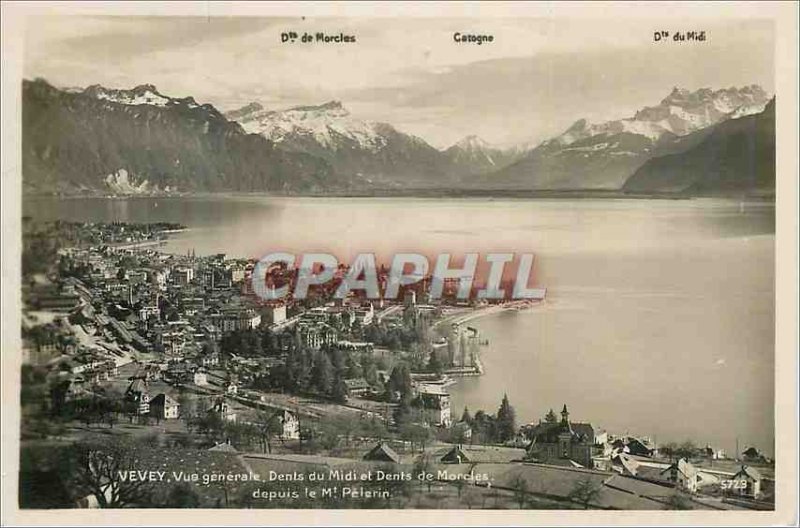 Old Postcard Vevey general view Dents du Midi and Dents de Morcles from Mt Pe...