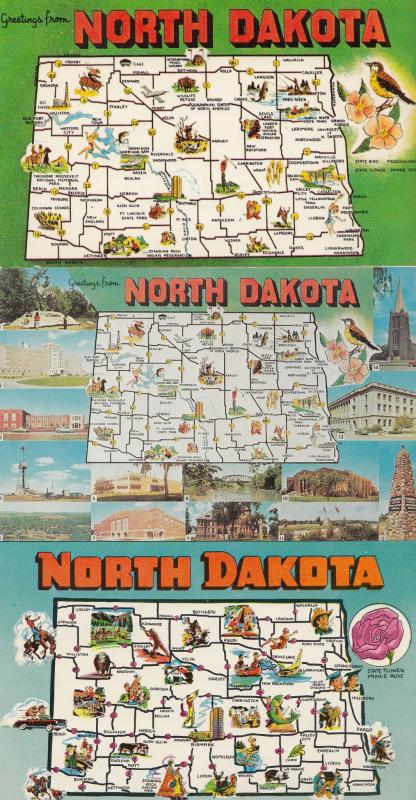 North Dakota 3x Map Postcard s