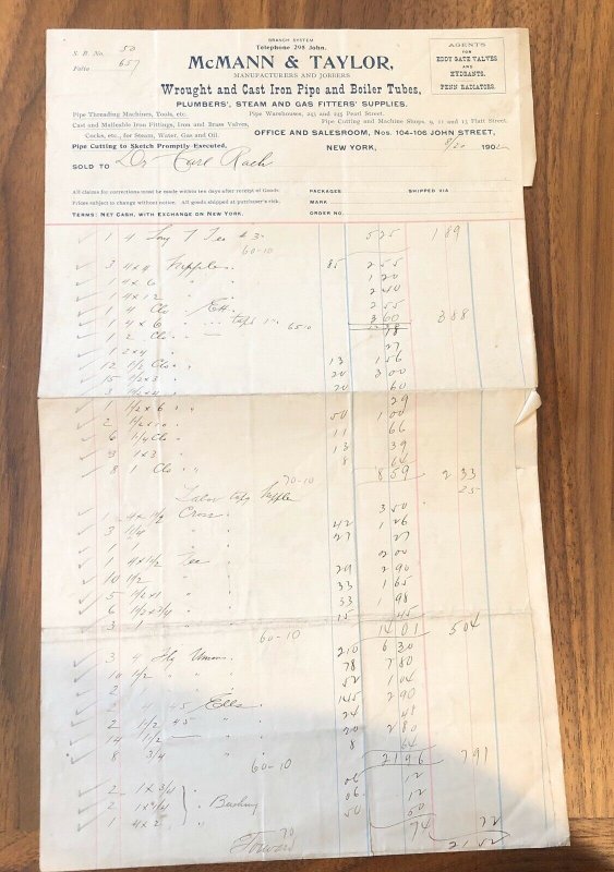 NEW YORK NY 1902 Billhead Invoice MCMANN & TAYLOR - wrought Iron Cast - vintage