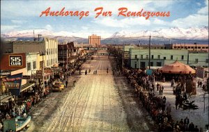 Anchorage Alaska AK Fur Rendezfoux Street Scene Vintage Postcard