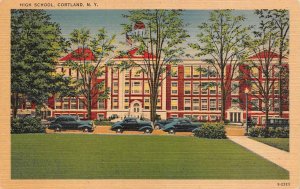 CORTLAND, New York NY    HIGH SCHOOL~Cars Outside   c1940's Linen Postcard