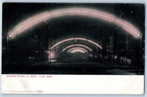 1909 Saginaw Street View At Night Arch Streetlights Flint Michigan MI Postcard