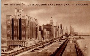 1940s The Stevens Hotel Overlooking Lake Michigan Chicago IL Postcard