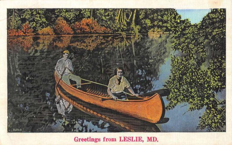 Leslie Maryland Rowboat Waterfront Greeting Antique Postcard K78108
