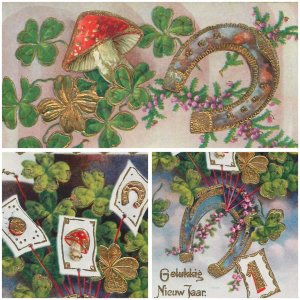 Unit of 2 New Year luck symbols mushroom horseshoe shamrock greetings postcards