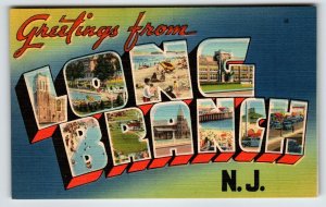 Greetings From Long Branch New Jersey Linen Large Letter Postcard Beach Unused