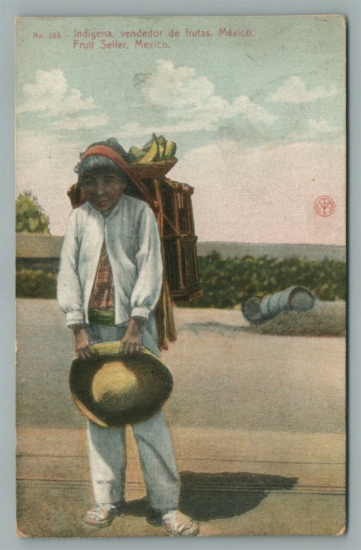 MEXICO FRUIT SELLER ANTIQUE POSTCARD RPPC w/ STAMPS