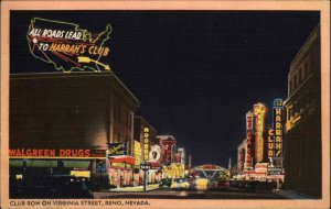 Reno Nevada NV Street Scene Drugstore c1940s Linen Postcard