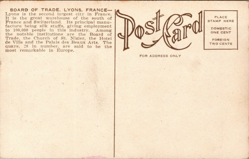 Vtg 1910s Board of Trade Lyons France Unused Postcard