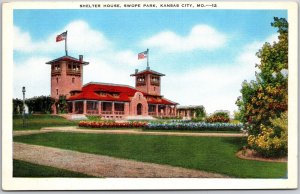 Kansas City Missouri MO, Shelter House, Swope Park, US Flags, Vintage Postcard
