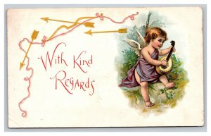 Vintage 1907 Greetings Postcard Winged Angel Plays a Lute Gold Arrows Nice Card