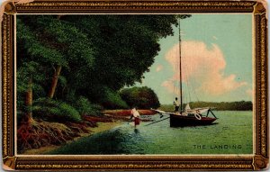 VINTAGE POSTCARD THE LANDING SAILBOAT AT SHORE FAUX FRAME MAILED 1911 WHEELING