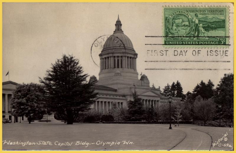 RPPC-Olympia, Wash. State Capitol-First Day of Issue-Washington Territory-1953