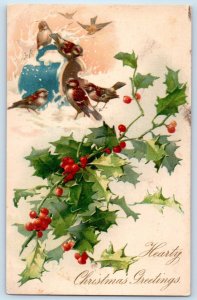 c1905 Christmas Greetings Holly Berries Birds Winter Scene Antique Postcard