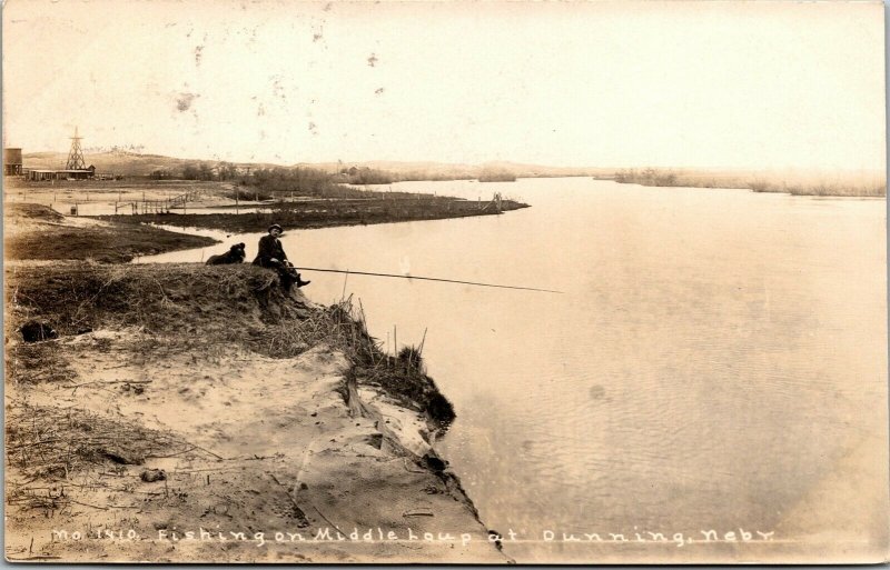 Vtg Dunning Nebraska Man & Dog Fishing on Middle Loup River 1908 RPPC Postcard