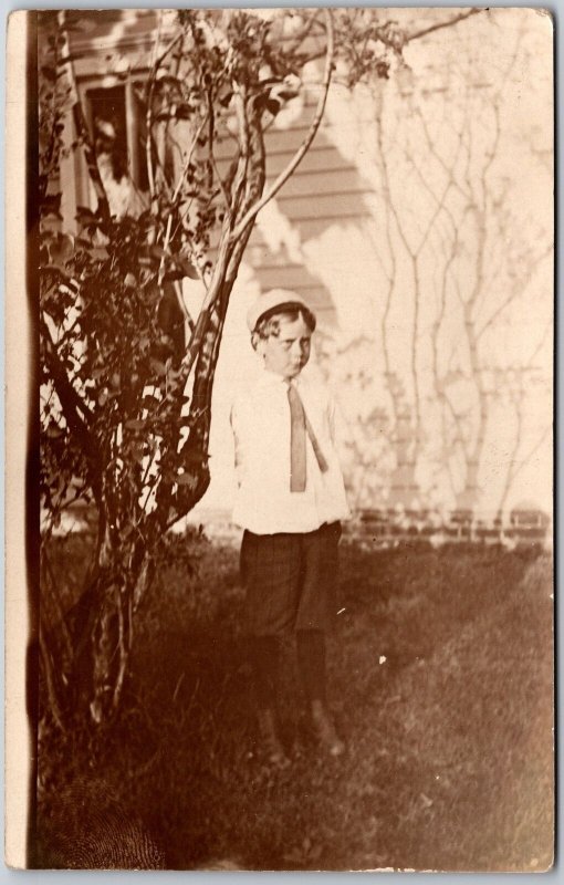 Little Boy Photograph In The Backyard Real Photo RPPC Postcard