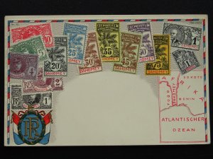 DAHOMEY Benin Philately STAMPS, MAP & HERALDIC ARMS c1910 Embossed Postcard