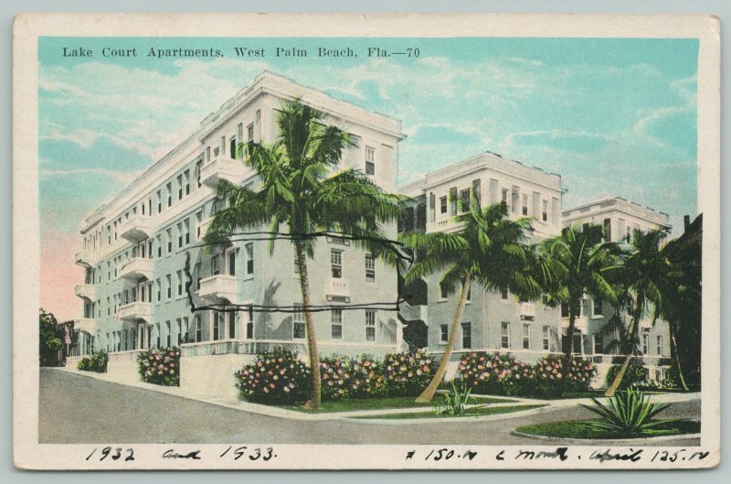 West Palm Beach Florida~Lake Court Apartments~Palm Trees~~1920s Postcard