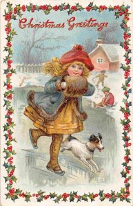 Christmas Greetings Girl Ice Skating with Dog 1911 Tuck postcard