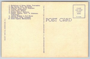 State Map~Alabama Multi-View~Selma~Montevallo~Andalusia~Jasper~Linen Postcard
