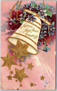 1906 Joyous New Year Greeting Bell Stars Violet Flowers Posted Postcard