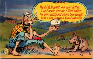 Vtg Linen Comic Postcard Hillbilly Can't Read Or Write Humor Artist Signed Lehy