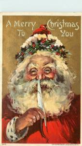 1908 Embossed Christmas Postcard Bien 5002 Great Santa Claus with Quill Pen