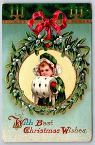 Clapsaddle Christmas~Lil Girl w/Ermine Muff In Mistletoe Wreath~Gold~Emboss~1910