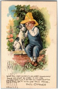 Boy Whispers to Dog, Don't Tell Your Secrets Phil Osopher Vintage Postcard D48 