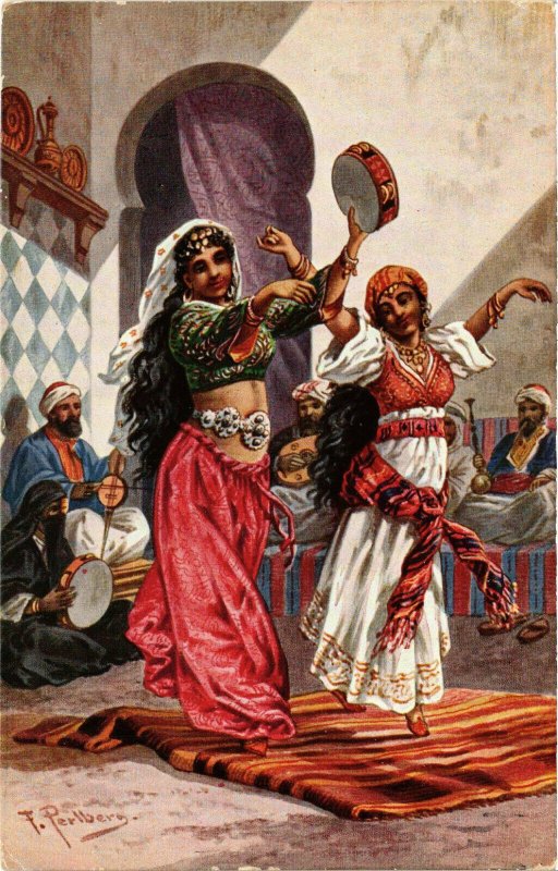 PC CPA ARABIAN TYPES AND SCENES, DANCING GIRLS, Vintage Postcard (b17446)