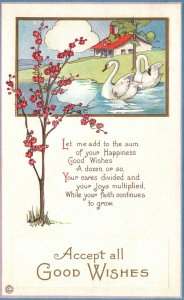 Vintage Postcard 1916 Accept All Good Wishes Greetings Two Swans Swims on Lake