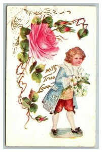 Vintage 1910's Greeting Postcard Bow with White Flowers Large Pink Rose NICE