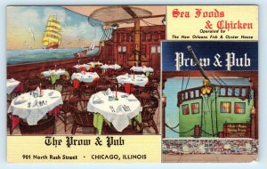 CHICAGO, IL Illinois ~ The PROW & PUB RESTAURANT c1940s Linen Roadside Postcard