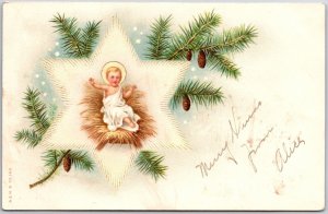 1906 Christmas Greetings Holy Child In Star Frame Palm Leaf Posted Postcard