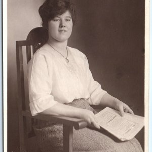 c1910s Cute Smiling Girl RPPC Read Book Magazine Lady Real Photo PC Alice A185