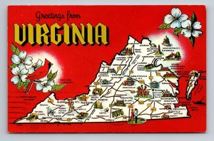 Greeting From Virginia State Map Of Attractions Vintage Posted 1962