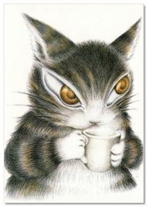 Strange CAT with Tea Coffee Cup by Wachifield Russian Modern Postcard