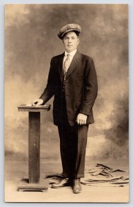 RPPC Jr Professional Salesman On Way Up~Bold Tie~Tweed Newsboy Cap~Oxford Shoes