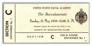 U.S. Naval Academy Ticket Sunday 31 May 1959 The Baccalaureate 