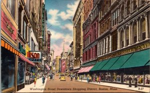 Vtg Boston MA Washington Street Downtown Shopping District 1950s Linen Postcard