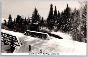 Vtg Belding Michigan MI Winter Scene Snow Covered Bridge RPPC Postcard