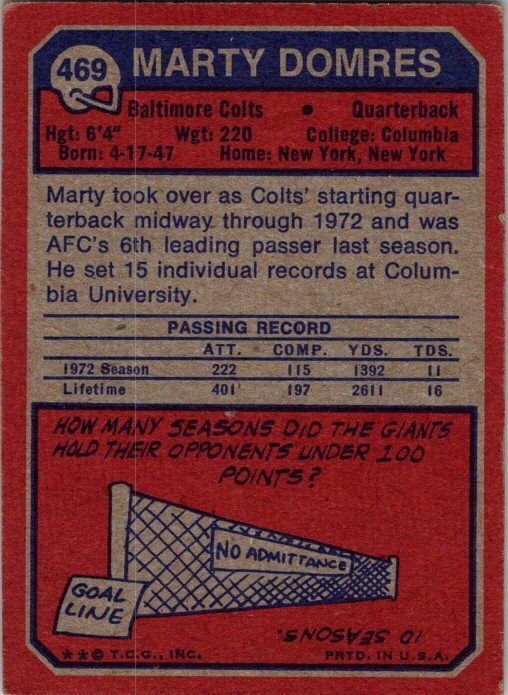 1973 Topps Football Card Marty Domres Baltimore Colts sk2443