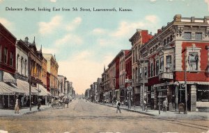 DELAWARE STREET LOOKING EAST FROM 5TH LEAVENWORTH KANSAS POSTCARD (c. 1910)