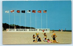 BILOXI, MS Mississippi ~ EIGHT FLAGS WELCOME Sign on BEACH c1960s Postcard